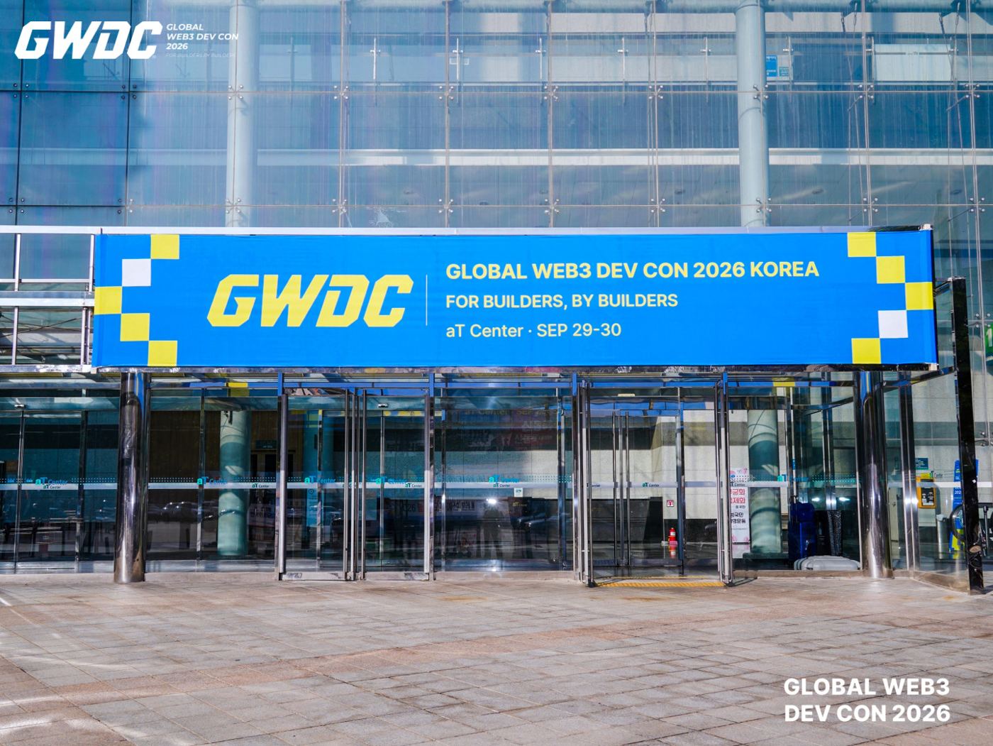The conference banner at the entrance to the GWDC 2026 KOREA venue at the aT Center in Seoul